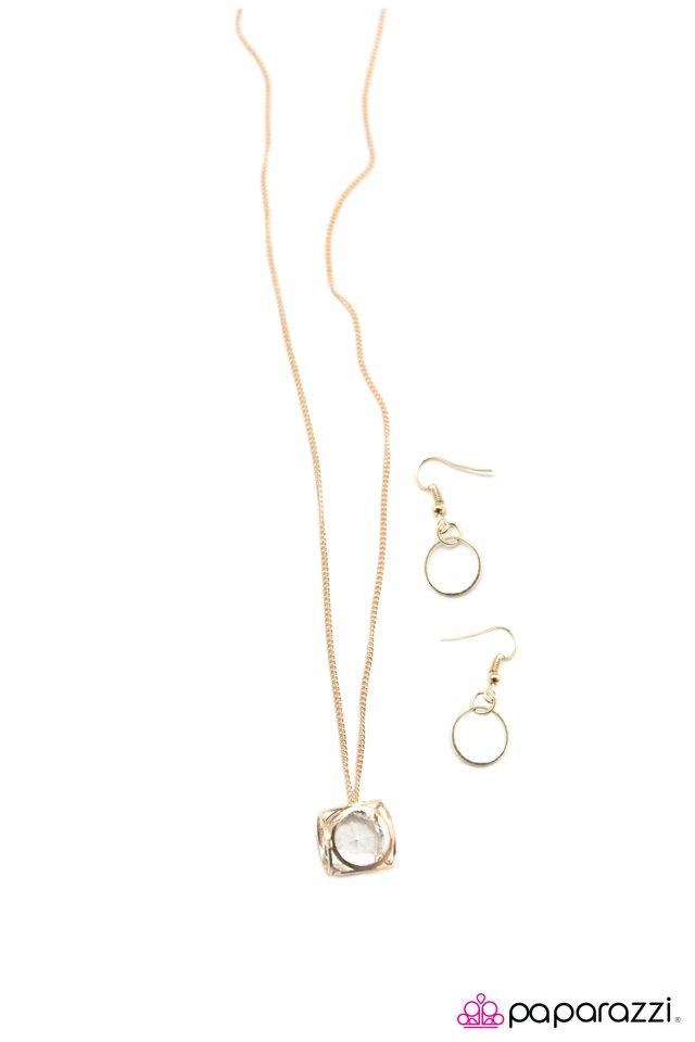 Pandora's Box Gold Necklace and matching Earrings - Paparazzi Accessories - free matching earrings -CarasShop.com - Paparazzi Jewelry by Cara Jewels