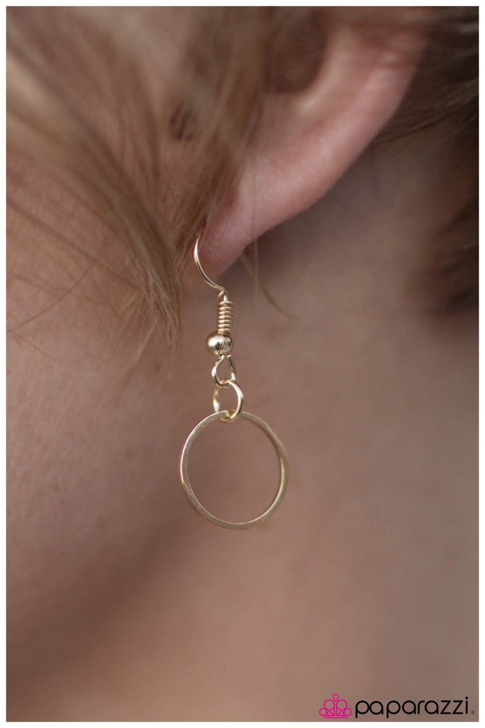 Pandora's Box Gold Necklace and matching Earrings - Paparazzi Accessories- on model - CarasShop.com - Paparazzi Jewelry by Cara Jewels