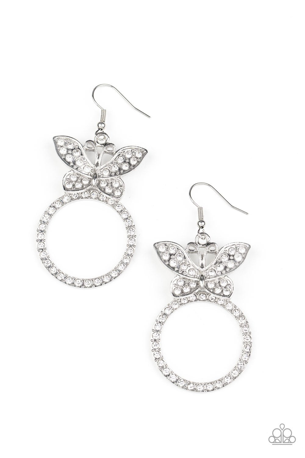 Paradise Found White Rhinestone Butterfly Earrings - Paparazzi Accessories- lightbox - CarasShop.com - Paparazzi Jewelry by Cara Jewels