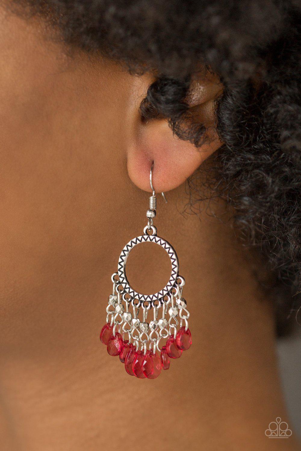 Paradise Palace Red Earrings - Paparazzi Accessories- on model - CarasShop.com - Paparazzi Jewelry by Cara Jewels