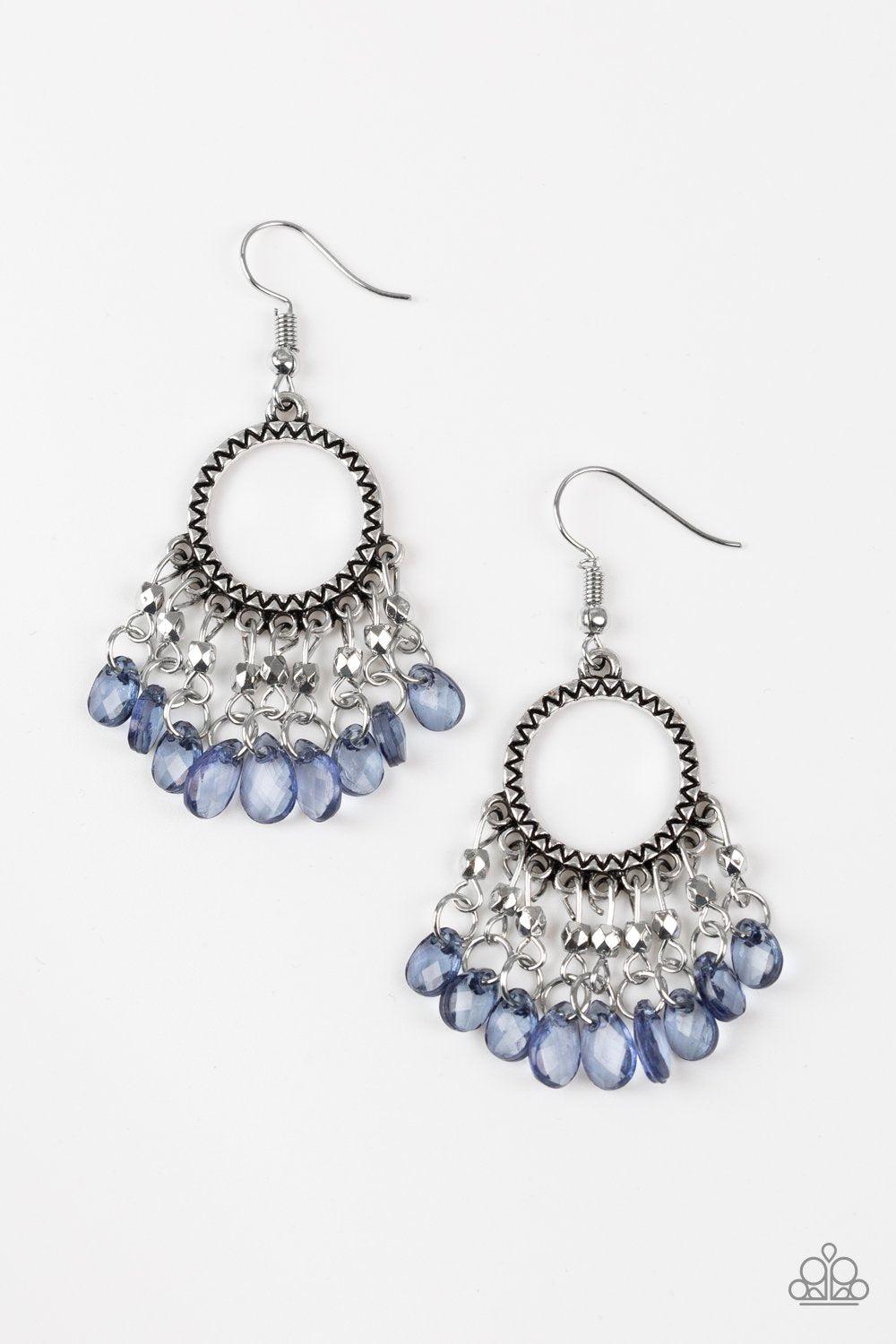 Paradise Palace Silver and Blue Earrings - Paparazzi Accessories- on model - CarasShop.com - Paparazzi Jewelry by Cara Jewels