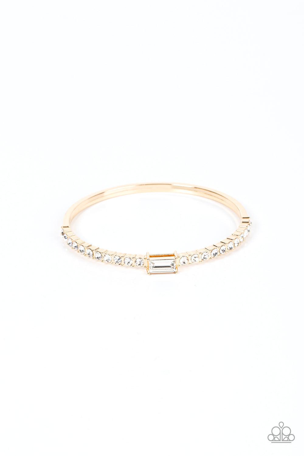 Party Crashing Couture Gold & White Rhinestone Bangle Bracelet - Paparazzi Accessories- lightbox - CarasShop.com - Paparazzi Jewelry by Cara Jewels