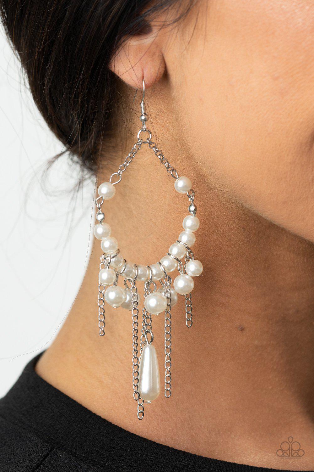 Party Planner Posh White Pearl Earrings - Paparazzi Accessories- lightbox - CarasShop.com - Paparazzi Jewelry by Cara Jewels