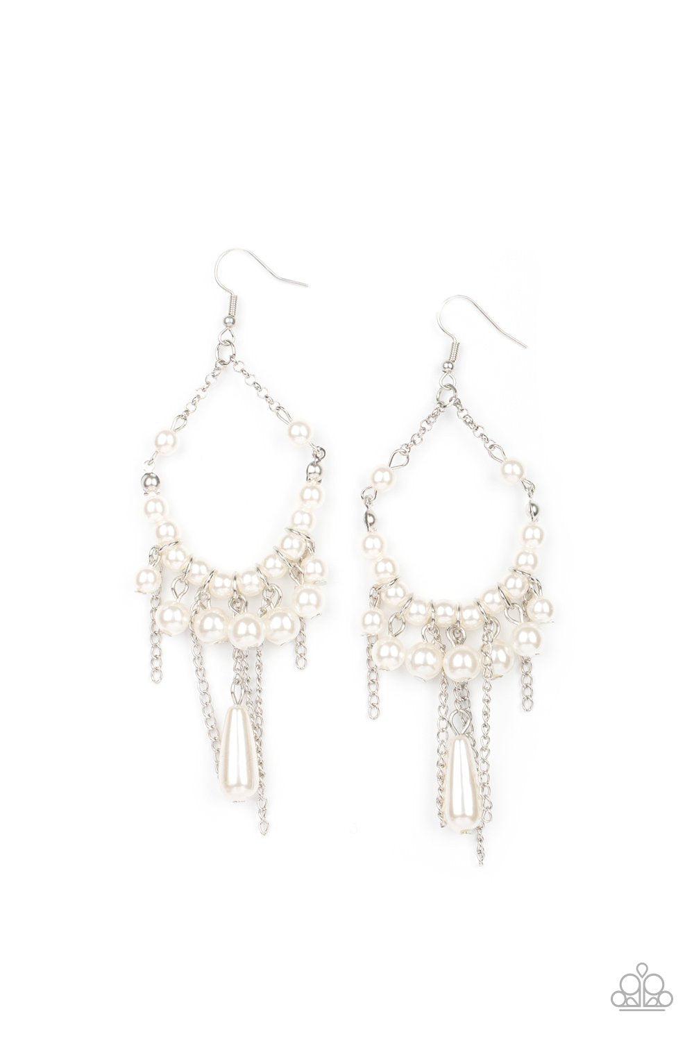 Party Planner Posh White Pearl Earrings - Paparazzi Accessories- on model - CarasShop.com - Paparazzi Jewelry by Cara Jewels