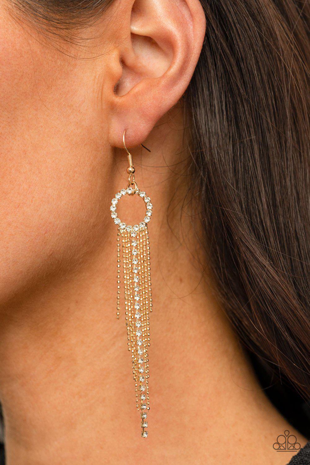Pass The Glitter Gold and White Rhinestone Earrings - Paparazzi Accessories- lightbox - CarasShop.com - Paparazzi Jewelry by Cara Jewels