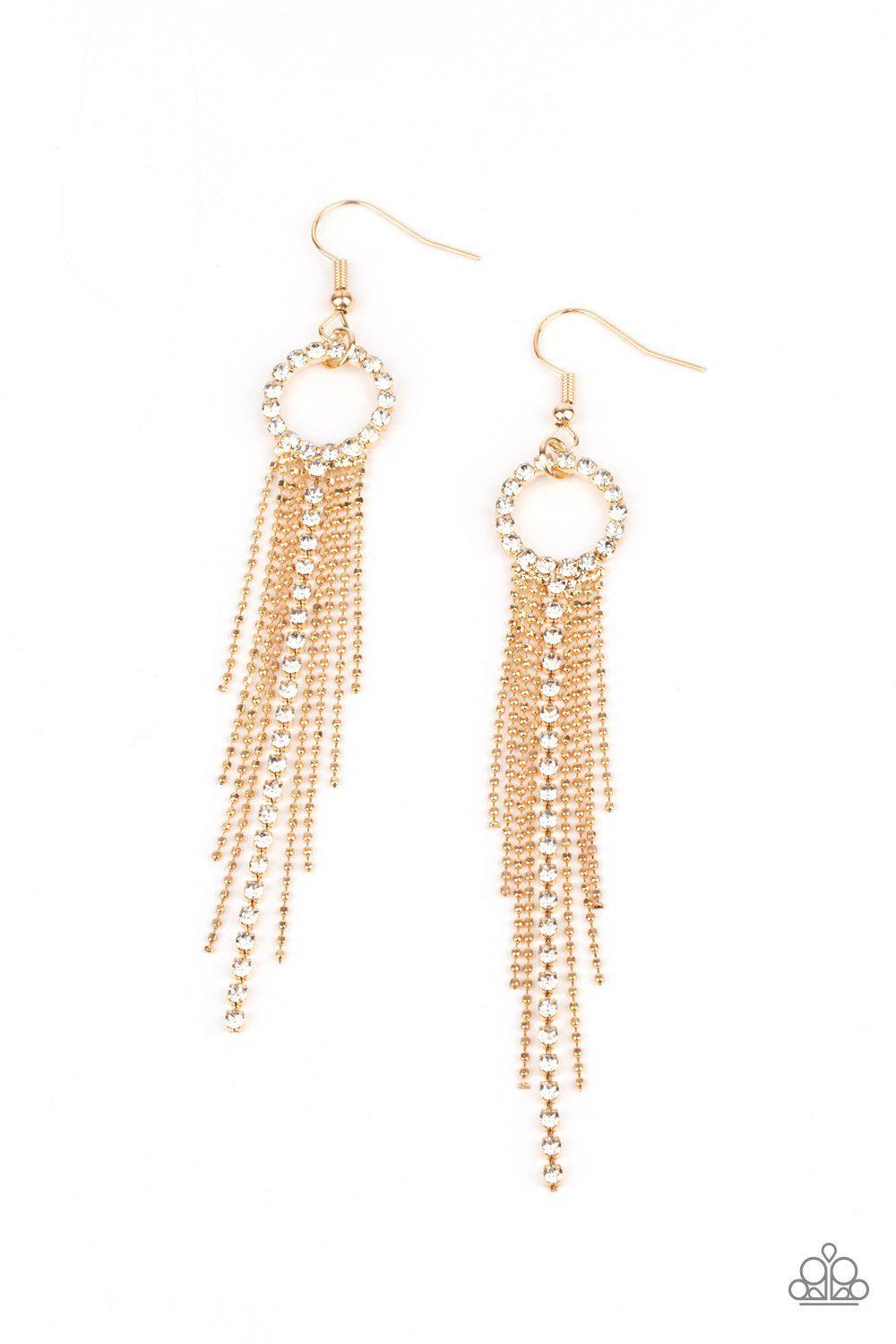 Pass The Glitter Gold and White Rhinestone Earrings - Paparazzi Accessories- on model - CarasShop.com - Paparazzi Jewelry by Cara Jewels