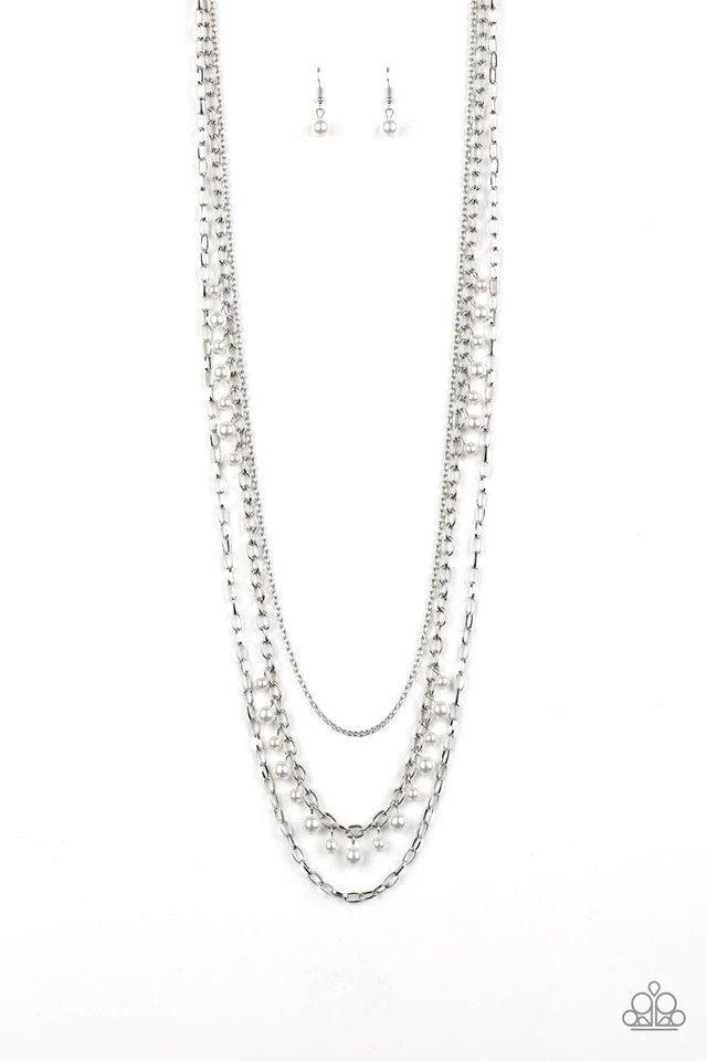 Pearl Pageant White Pearl and Silver Tassel Necklace - Paparazzi Accessories- lightbox - CarasShop.com - Paparazzi Jewelry by Cara Jewels