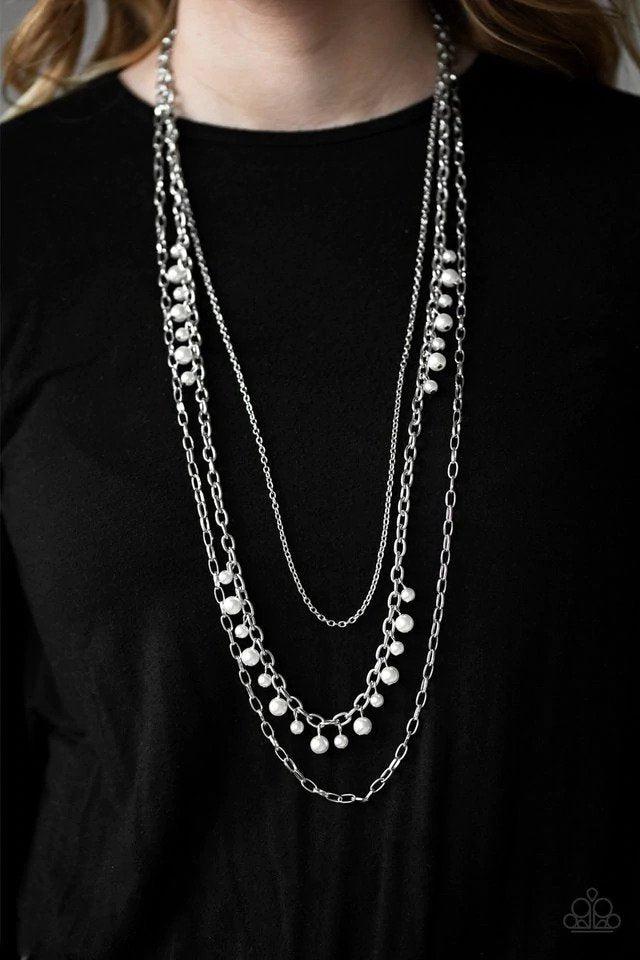 Pearl Pageant White Pearl and Silver Tassel Necklace - Paparazzi Accessories- on model - CarasShop.com - Paparazzi Jewelry by Cara Jewels