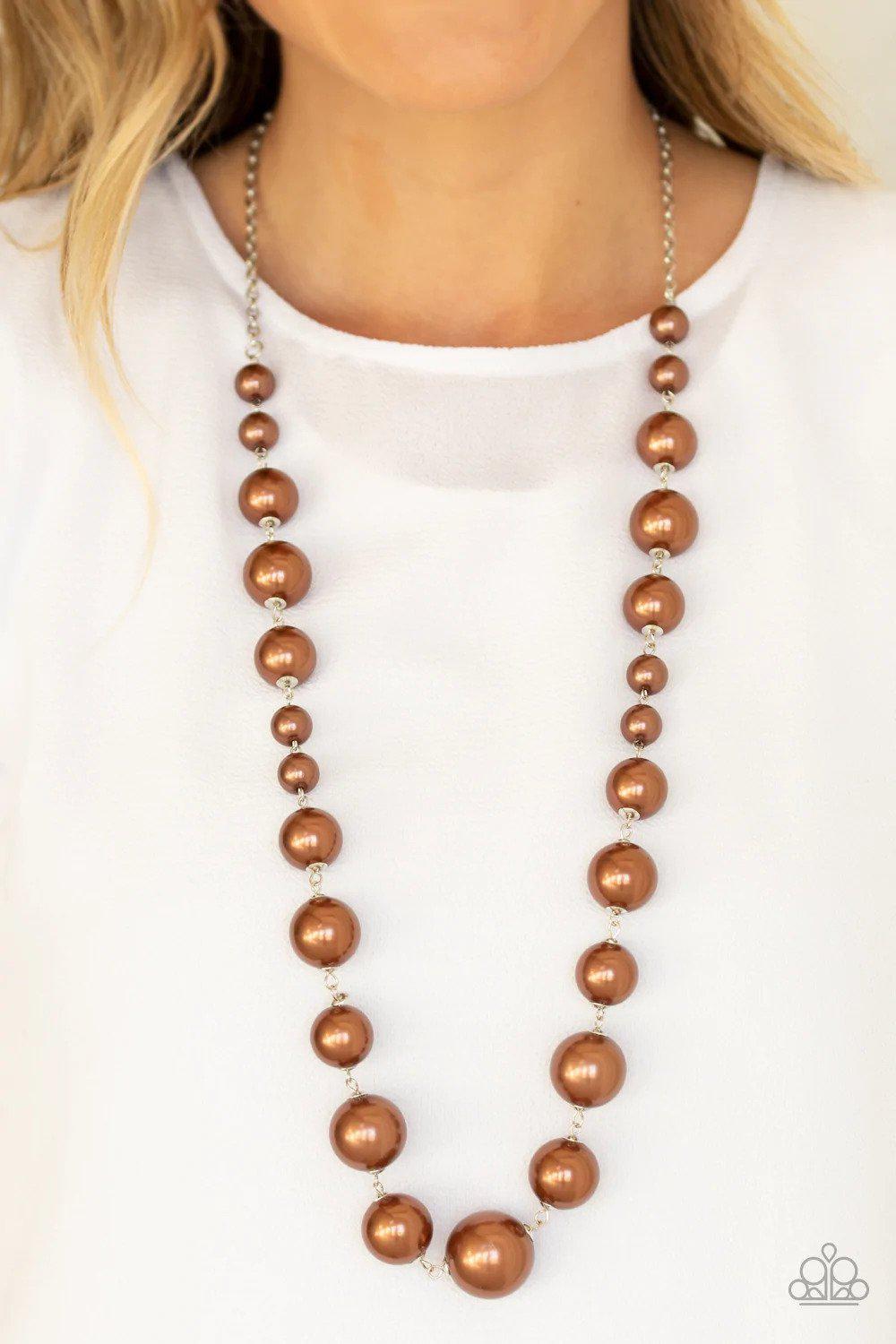 Pearl Prodigy Brown Necklace - Paparazzi Accessories- on model - CarasShop.com - Paparazzi Jewelry by Cara Jewels