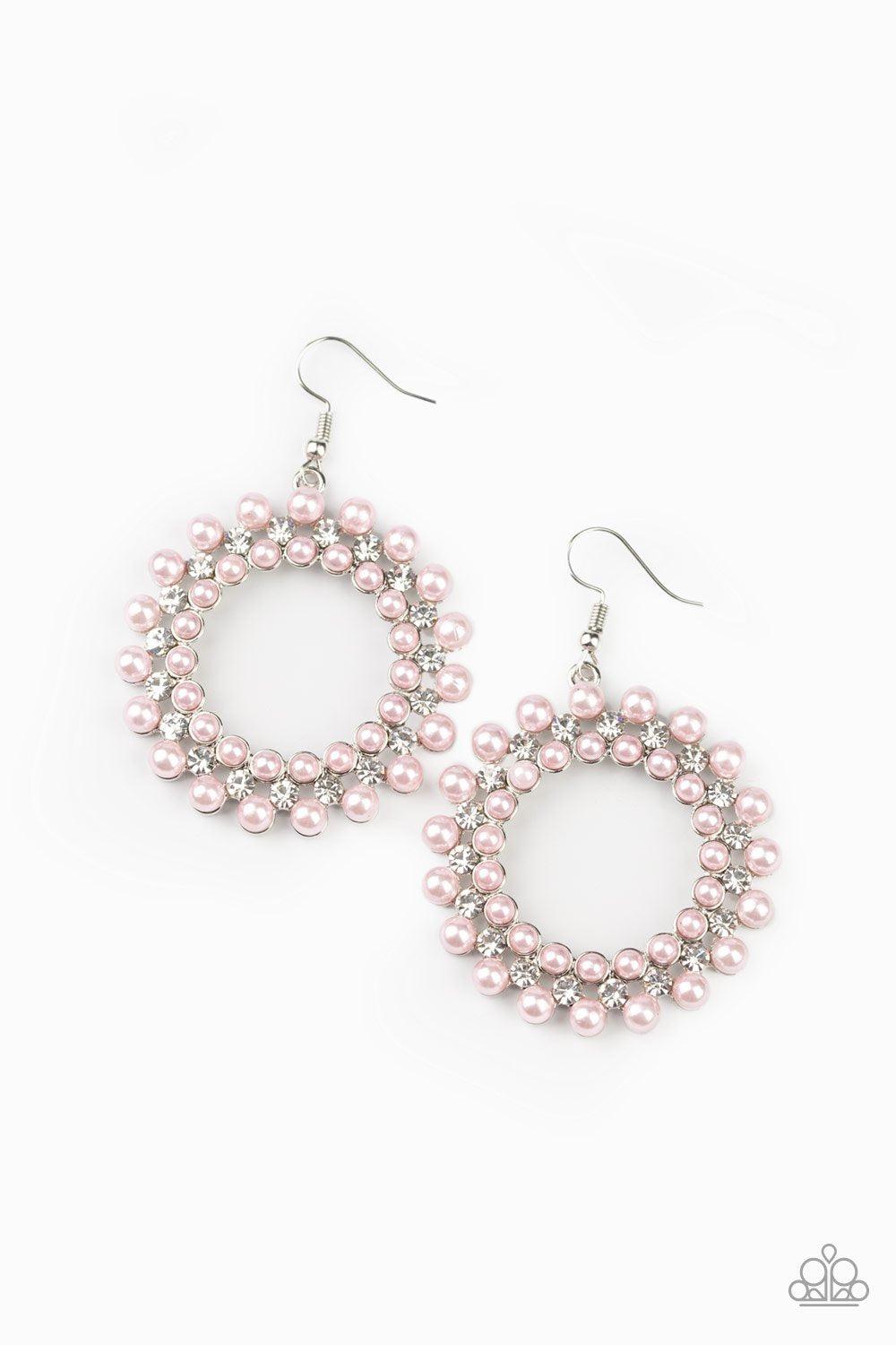 Pearly Poise Pink Pearl Earrings - Paparazzi Accessories- on model - CarasShop.com - Paparazzi Jewelry by Cara Jewels