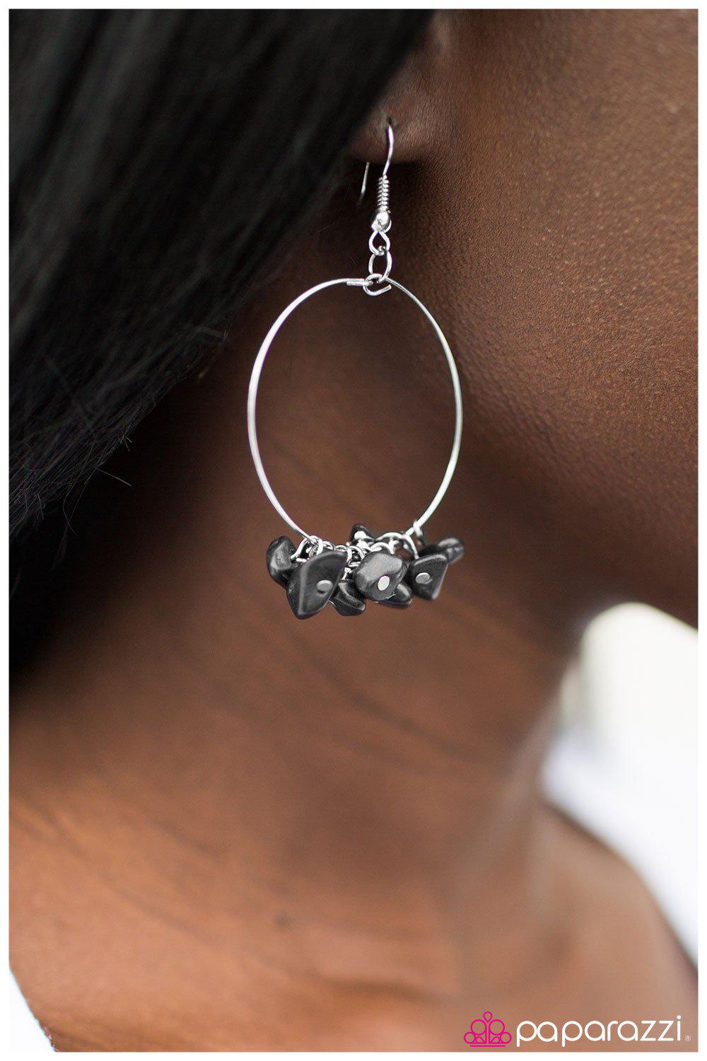 Pebble Beach Black Stone Hoop Earrings - Paparazzi Accessories- on model - CarasShop.com - Paparazzi Jewelry by Cara Jewels