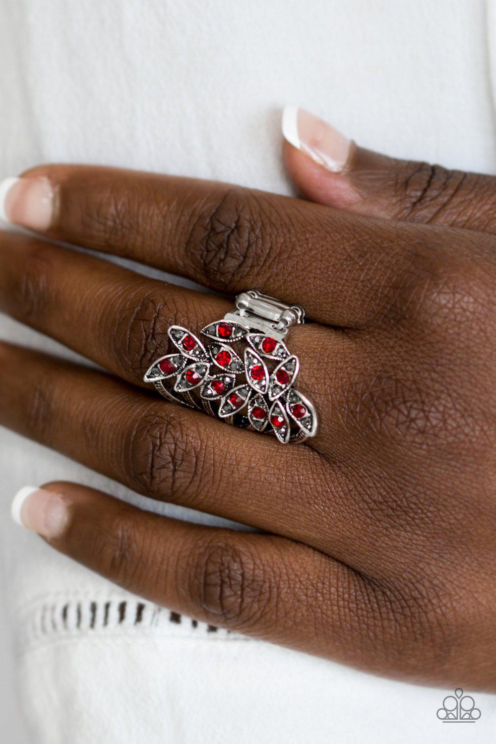 Perennial Paradise Silver and Red Gem Ring - Paparazzi Accessories- lightbox - CarasShop.com - Paparazzi Jewelry by Cara Jewels