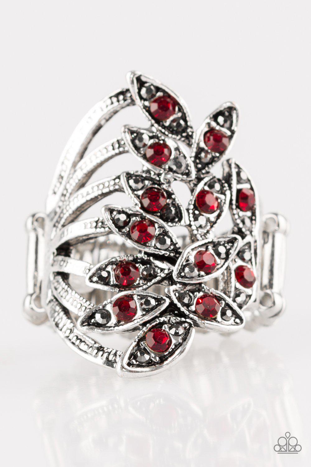 Perennial Paradise Silver and Red Gem Ring - Paparazzi Accessories- on model - CarasShop.com - Paparazzi Jewelry by Cara Jewels