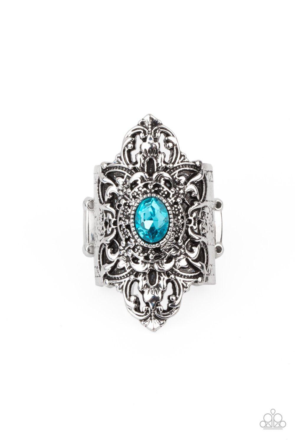 Perennial Posh Blue Rhinestone and Floral Ring - Paparazzi Accessories- lightbox - CarasShop.com - Paparazzi Jewelry by Cara Jewels