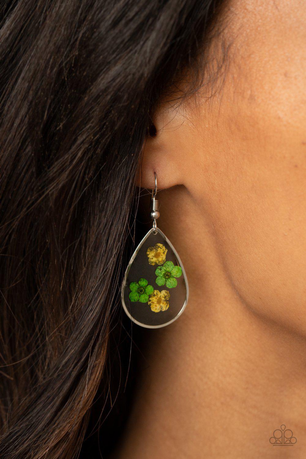 Perennial Prairie Yellow and Green Pressed Flower Earrings - Paparazzi Accessories- lightbox - CarasShop.com - Paparazzi Jewelry by Cara Jewels
