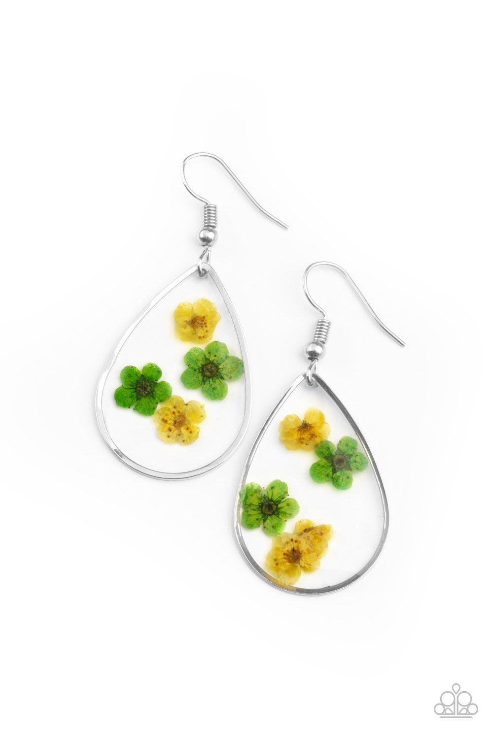 Perennial Prairie Yellow and Green Pressed Flower Earrings - Paparazzi Accessories- on model - CarasShop.com - Paparazzi Jewelry by Cara Jewels
