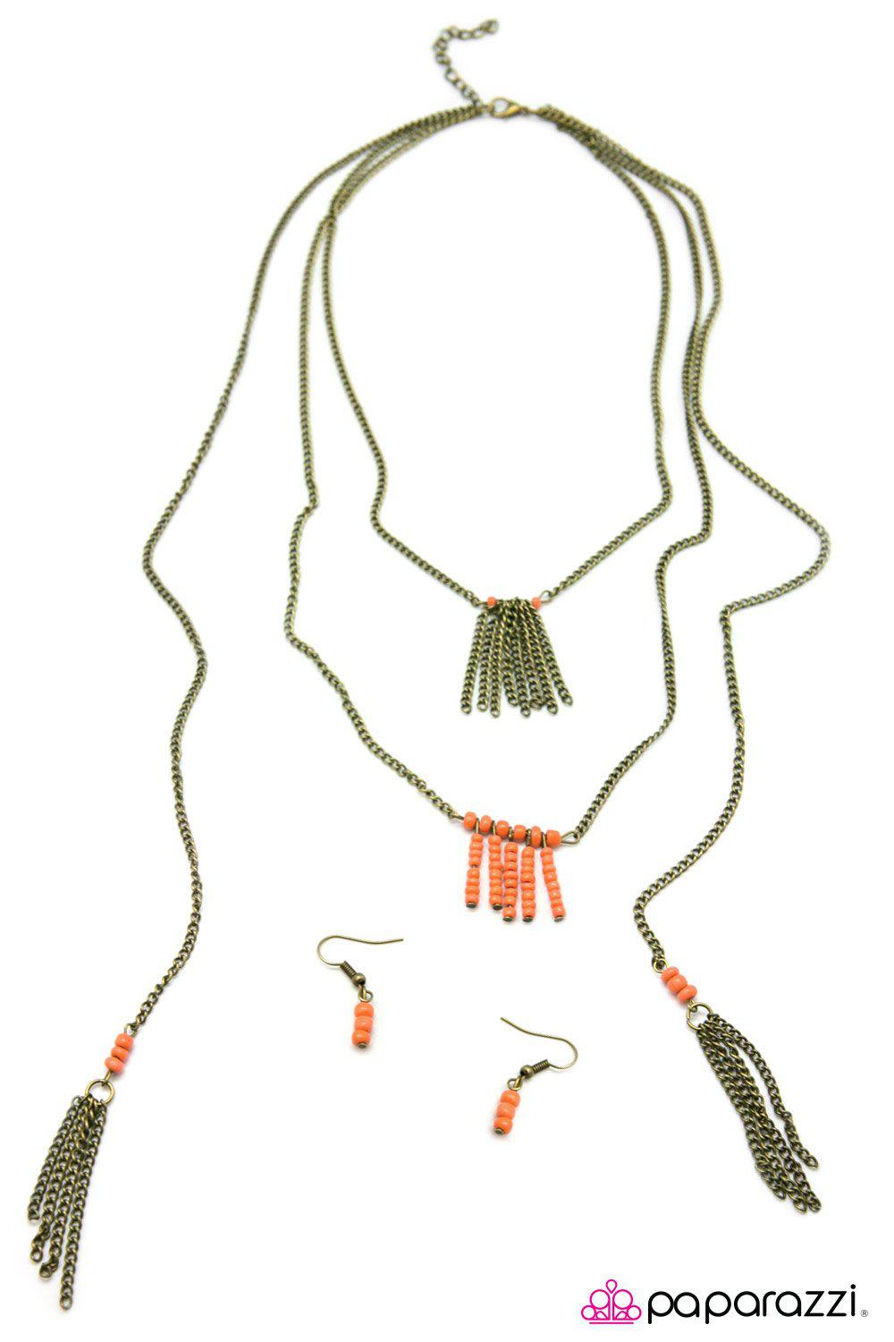 Perfect Balance Brass and Orange Seed Bead Necklace - Paparazzi Accessories - free matching earrings -CarasShop.com - Paparazzi Jewelry by Cara Jewels