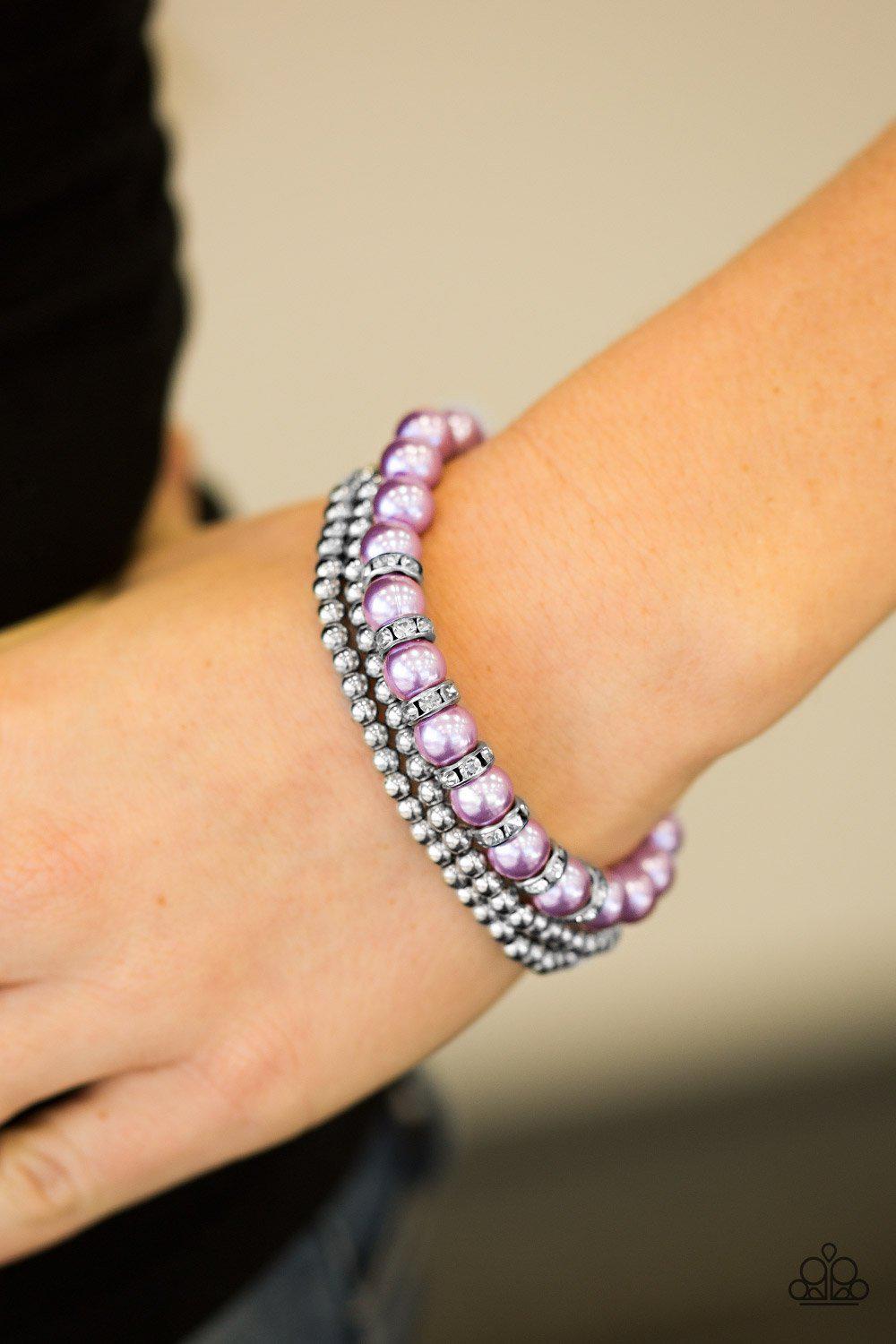 Perfect POSH-ture Silver and Purple Pearl Bracelet Set - Paparazzi Accessories- lightbox - CarasShop.com - Paparazzi Jewelry by Cara Jewels