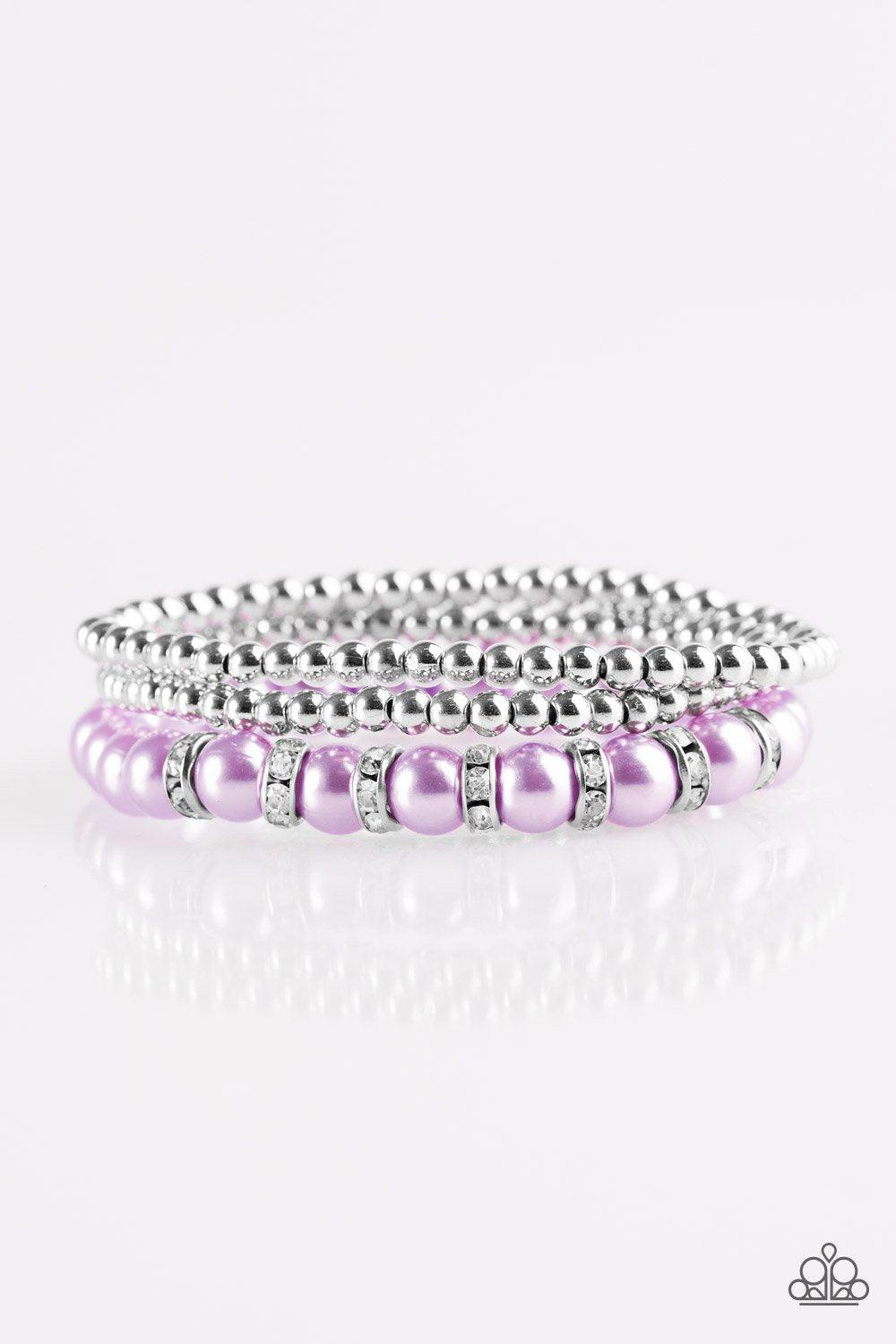 Perfect POSH-ture Silver and Purple Pearl Bracelet Set - Paparazzi Accessories- on model - CarasShop.com - Paparazzi Jewelry by Cara Jewels