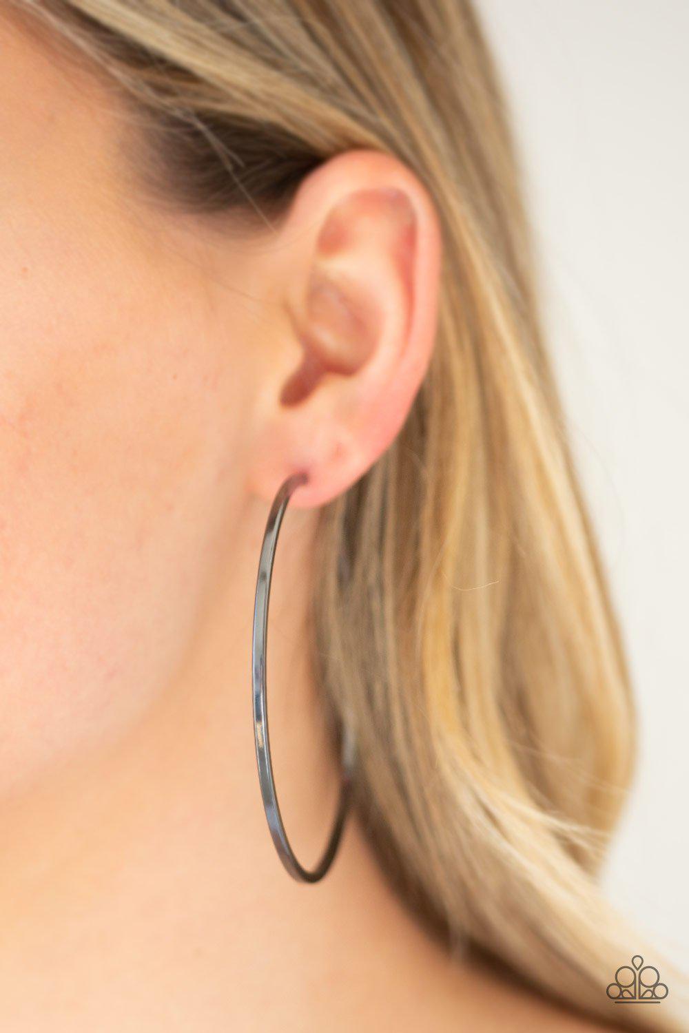 Perfect Shine Gunmetal Black Hoop Earrings - Paparazzi Accessories- on model - CarasShop.com - Paparazzi Jewelry by Cara Jewels