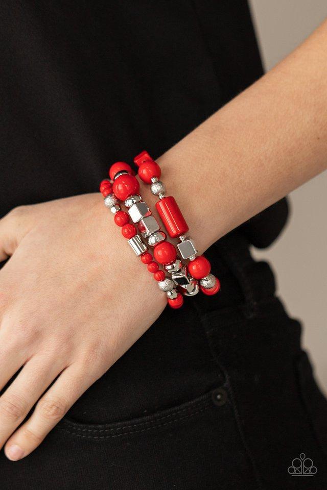 Perfectly Prismatic Red and Silver Bracelet Set - Paparazzi Accessories- lightbox - CarasShop.com - Paparazzi Jewelry by Cara Jewels