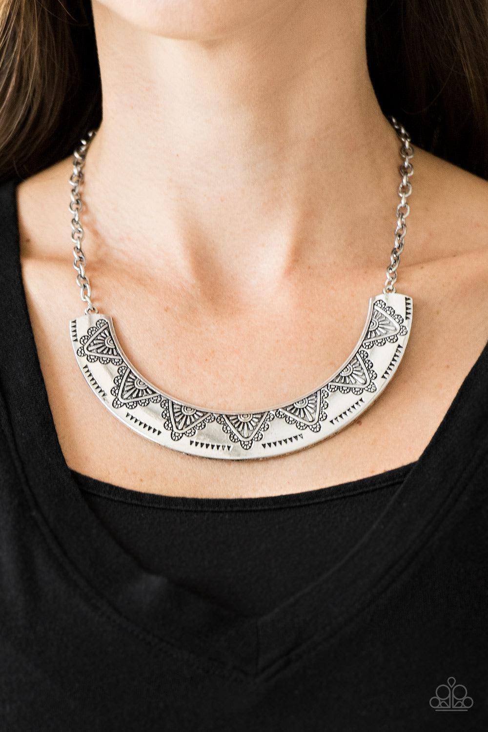 Persian Pharaoh Silver Necklace - Paparazzi Accessories- on model - CarasShop.com - Paparazzi Jewelry by Cara Jewels