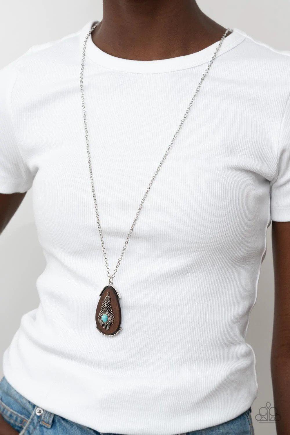 Personal FOWL Turquoise Blue Stone Feather Necklace - Paparazzi Accessories- on model - CarasShop.com - Paparazzi Jewelry by Cara Jewels