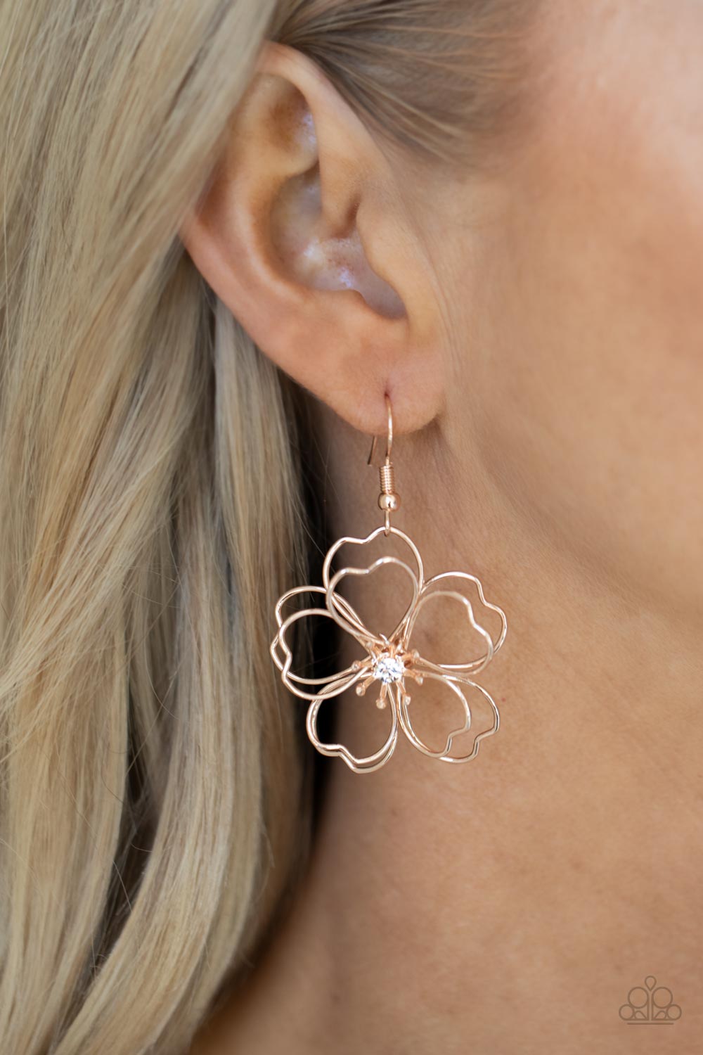 Petal Power Rose Gold Wire Flower Earrings - Paparazzi Accessories- on model - CarasShop.com - Paparazzi Jewelry by Cara Jewels