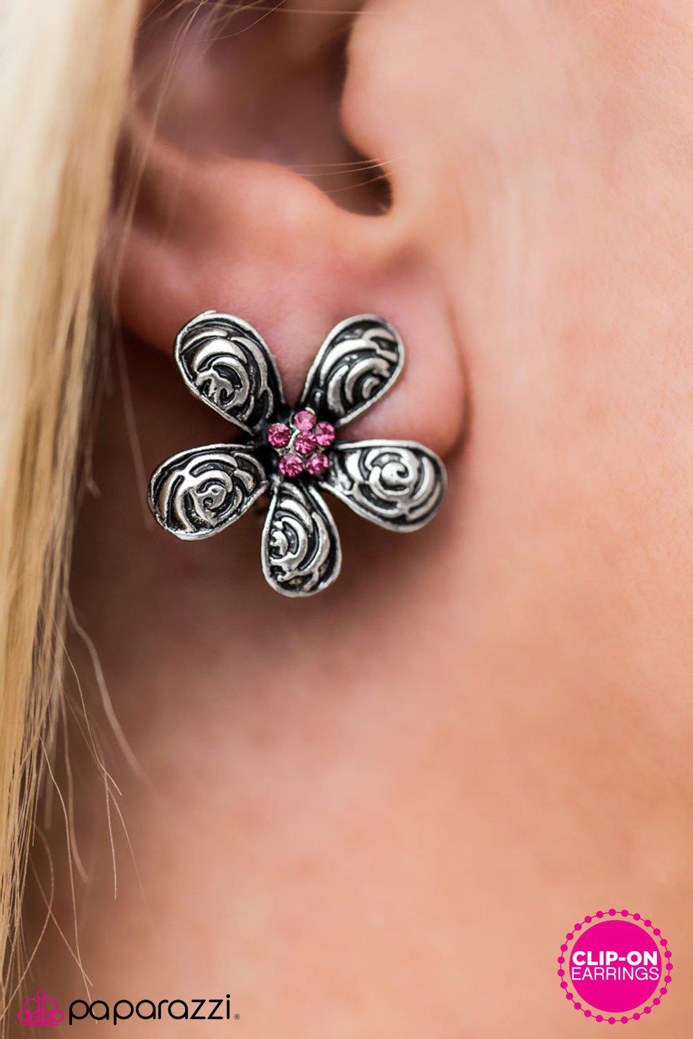 Petal Spectacular Pink Flower Clip-on Earrings - Paparazzi Accessories- on model - CarasShop.com - Paparazzi Jewelry by Cara Jewels