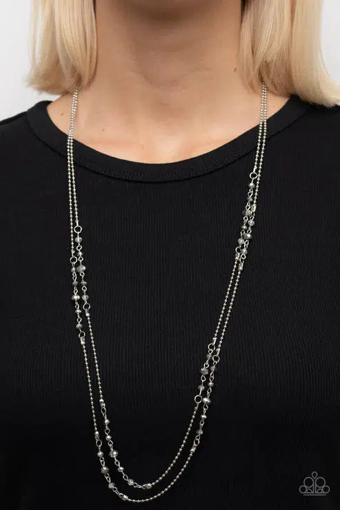 Petitely Prismatic Silver Necklace - Paparazzi Accessories- on model - CarasShop.com - Paparazzi Jewelry by Cara Jewels