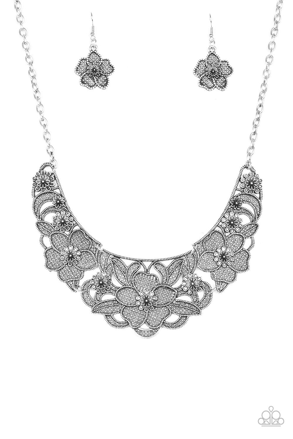 Petunia Paradise Silver Statement Necklace - Paparazzi Accessories - free matching earrings -CarasShop.com - Paparazzi Jewelry by Cara Jewels