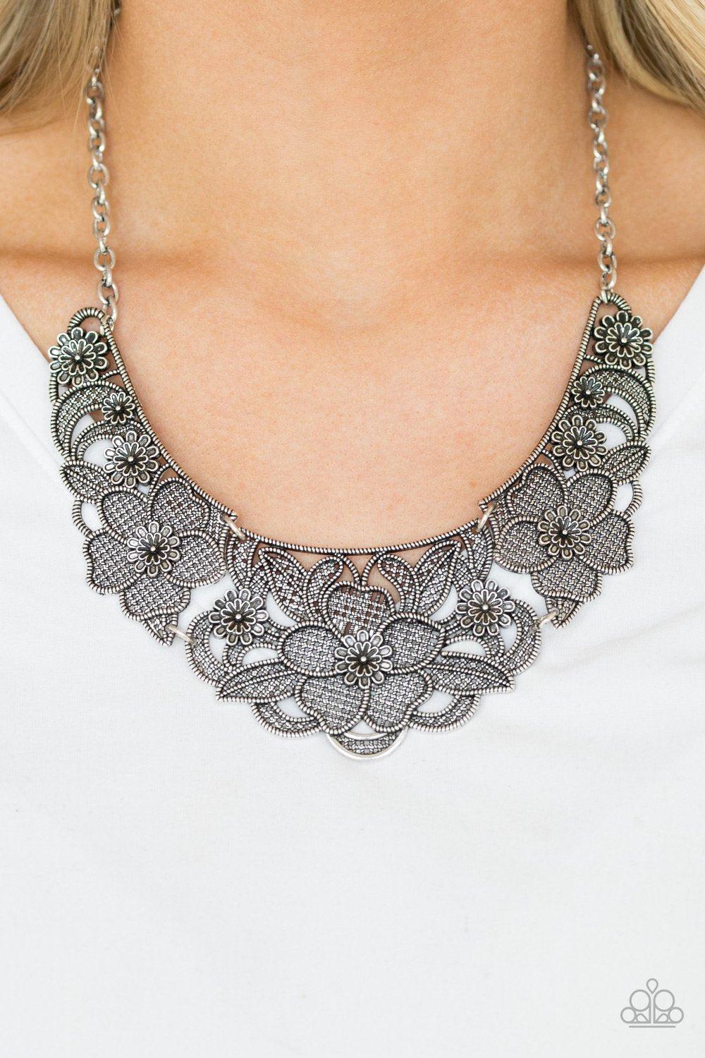 Petunia Paradise Silver Statement Necklace - Paparazzi Accessories- lightbox - CarasShop.com - Paparazzi Jewelry by Cara Jewels
