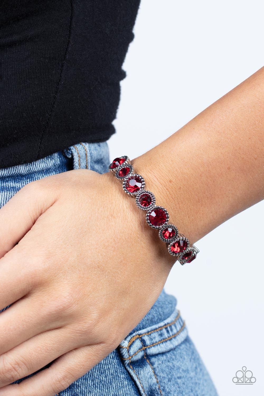Phenomenally Perennial Red Rhinestone Bracelet - Paparazzi Accessories- on model - CarasShop.com - Paparazzi Jewelry by Cara Jewels