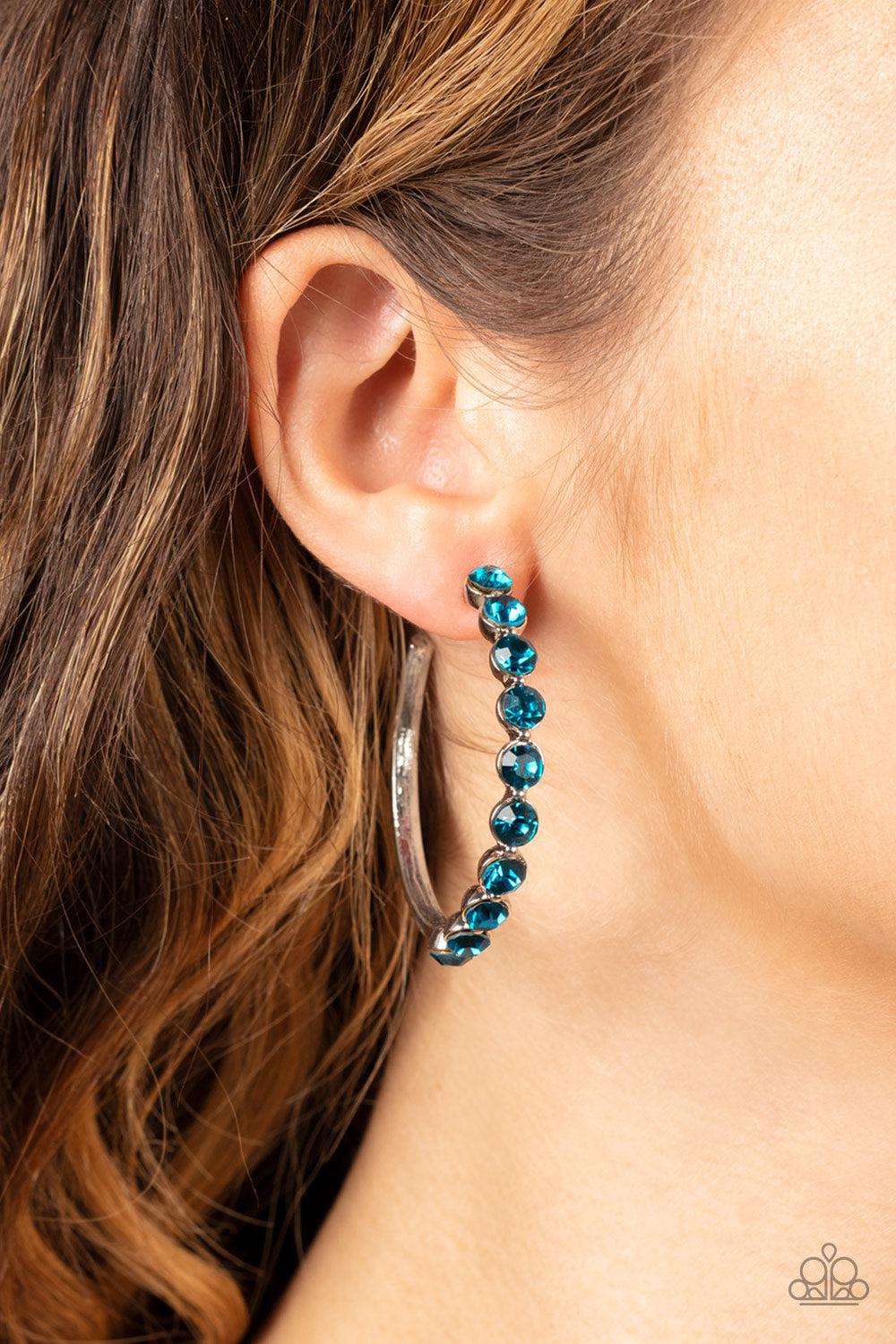 Photo Finish Blue Rhinestone Hoop Earrings - Paparazzi Accessories- on model - CarasShop.com - Paparazzi Jewelry by Cara Jewels