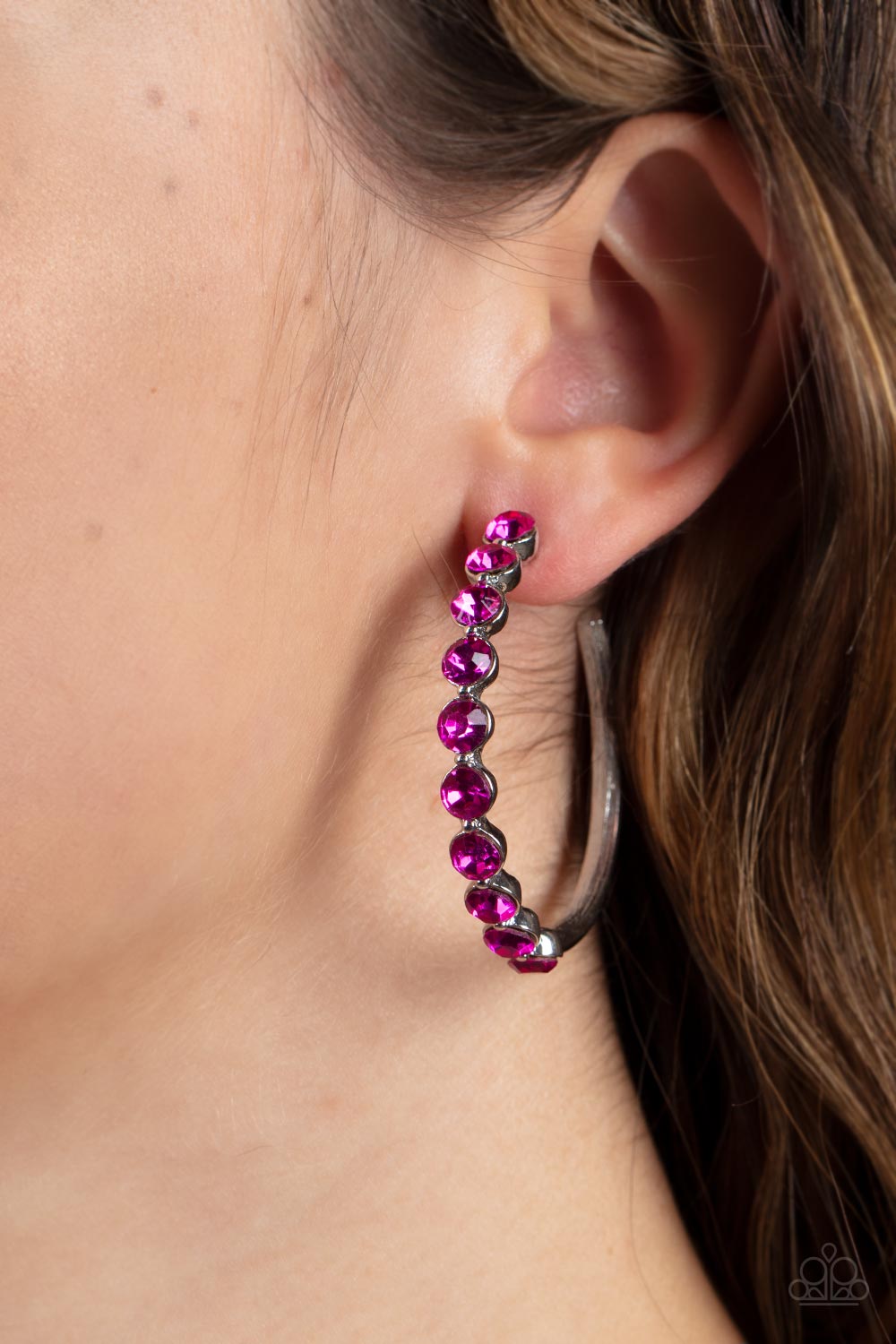 Photo Finish Pink Rhinestone Hoop Earrings - Paparazzi Accessories- on model - CarasShop.com - Paparazzi Jewelry by Cara Jewels