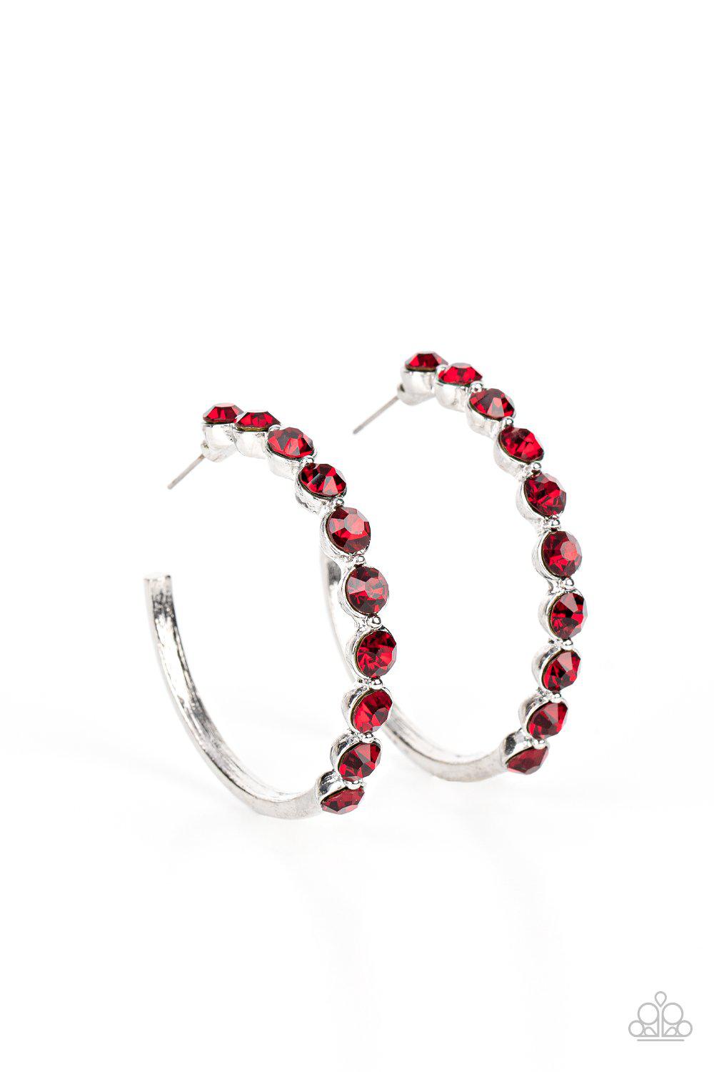 Photo Finish Red Rhinestone Hoop Earrings - Paparazzi Accessories- lightbox - CarasShop.com - Paparazzi Jewelry by Cara Jewels