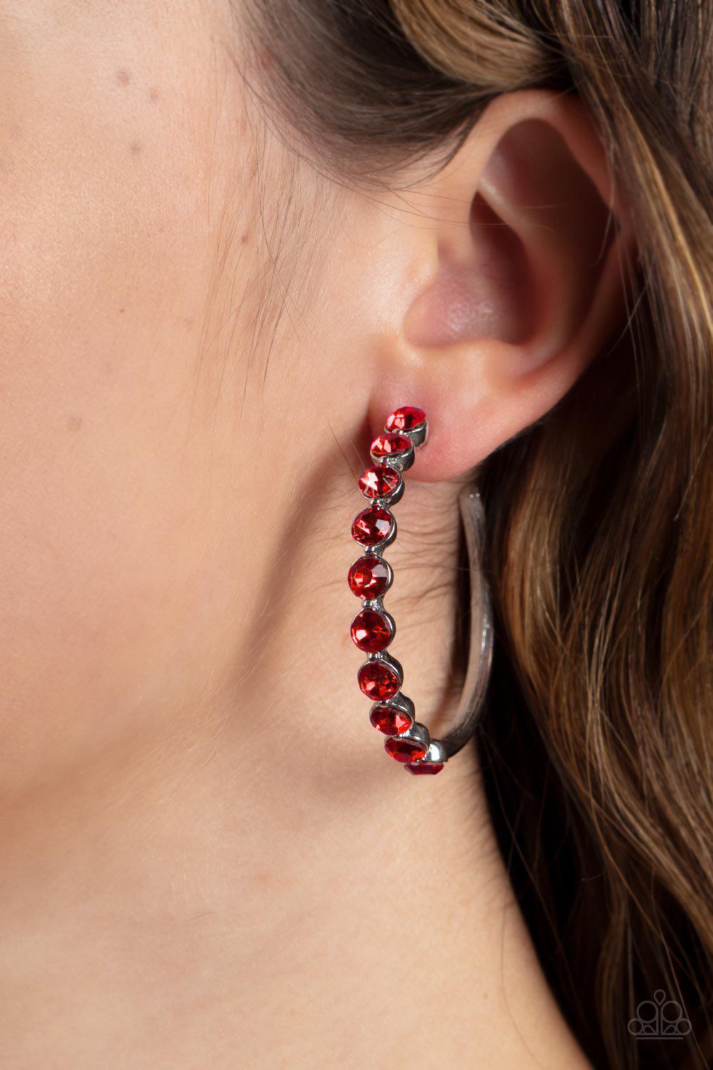 Photo Finish Red Rhinestone Hoop Earrings - Paparazzi Accessories- on model - CarasShop.com - Paparazzi Jewelry by Cara Jewels