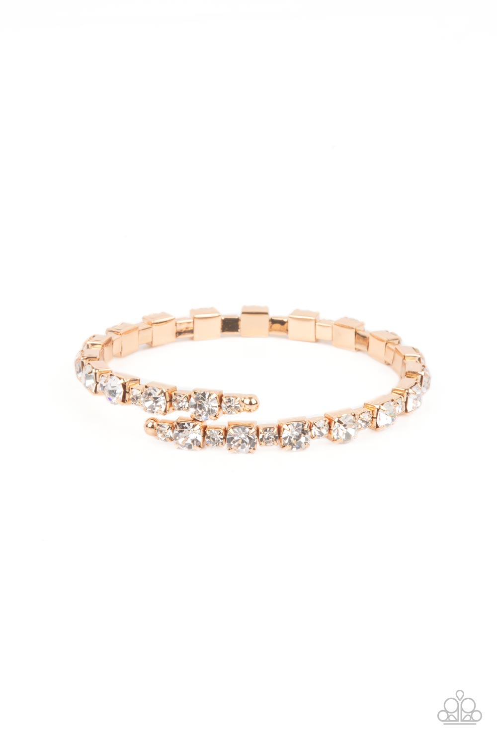 Photo Op Gold and White Rhinestone Coil Bangle Bracelet - Paparazzi Accessories- lightbox - CarasShop.com - Paparazzi Jewelry by Cara Jewels