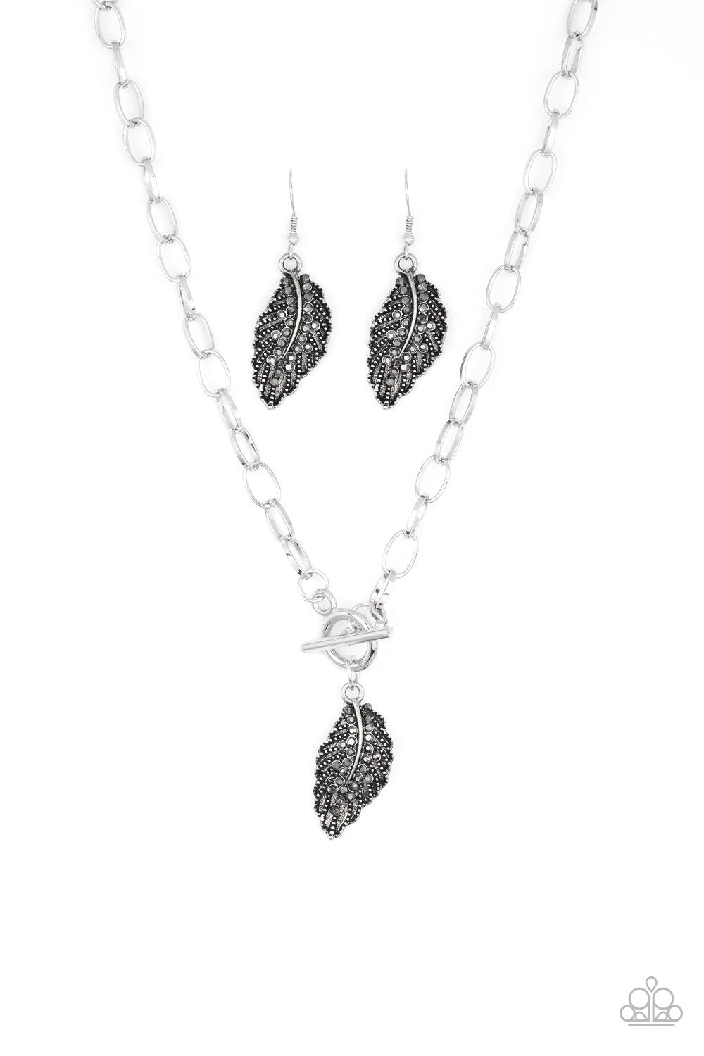 Pilot Quest Silver Feather Necklace and matching Earrings - Paparazzi Accessories - free matching earrings -CarasShop.com - Paparazzi Jewelry by Cara Jewels