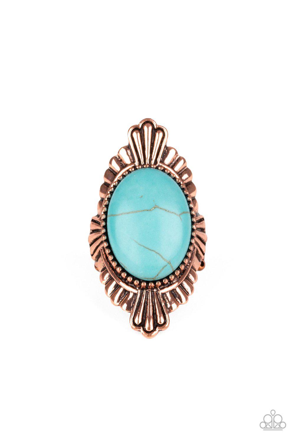 Pioneer Party Copper and Turquoise Blue Stone Ring - Paparazzi Accessories- on model - CarasShop.com - Paparazzi Jewelry by Cara Jewels