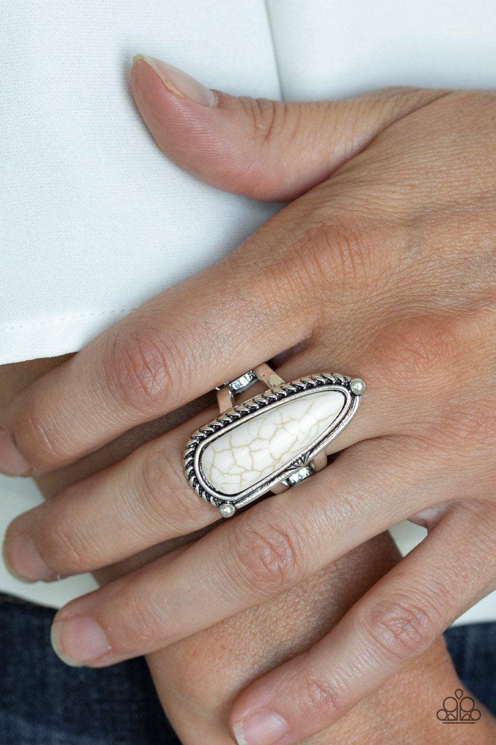 Pioneer Plains White Stone and Silver Ring - Paparazzi Accessories- on model - CarasShop.com - Paparazzi Jewelry by Cara Jewels