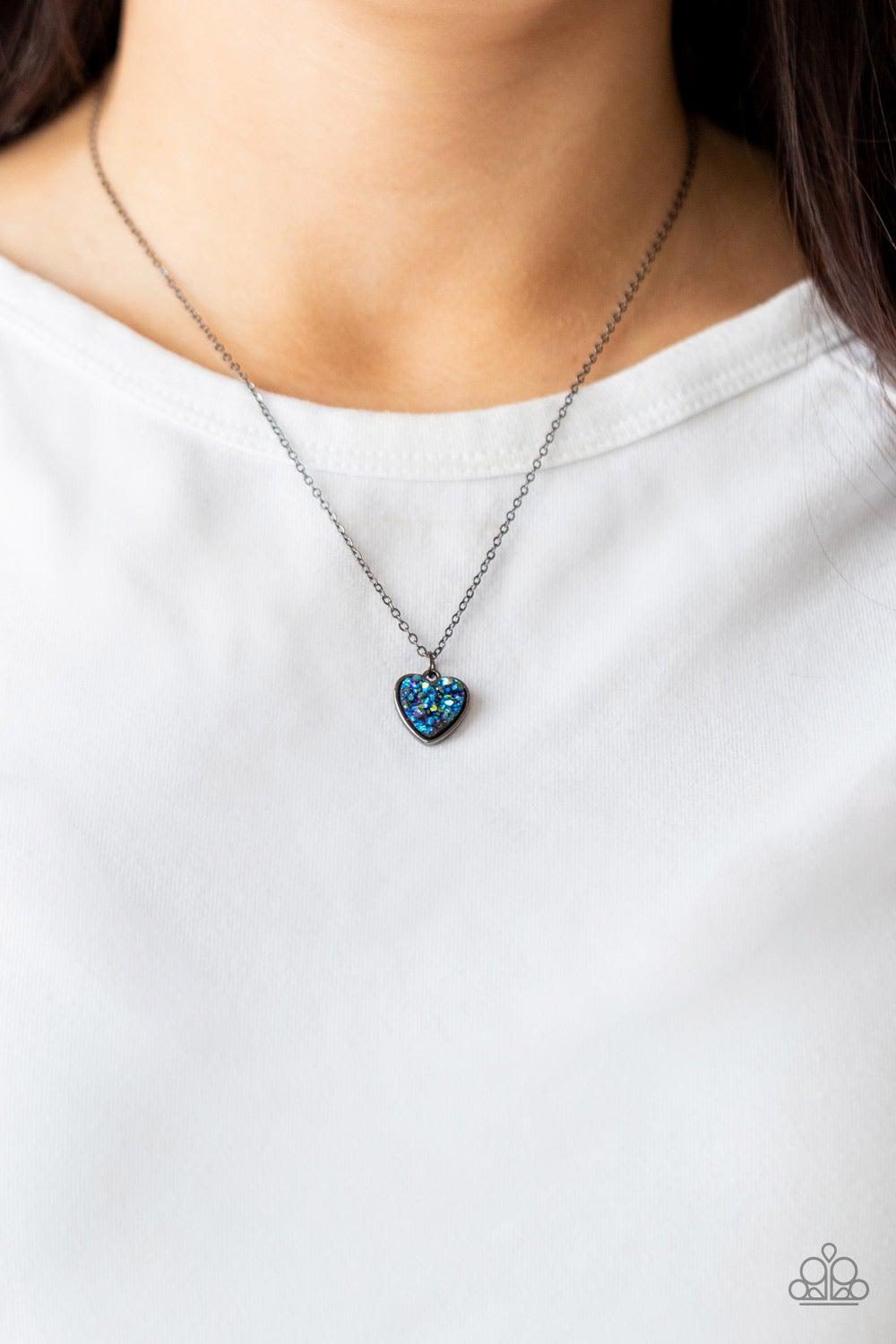 Pitter-Patter, Goes My Heart Blue Necklace - Paparazzi Accessories- on model - CarasShop.com - Paparazzi Jewelry by Cara Jewels