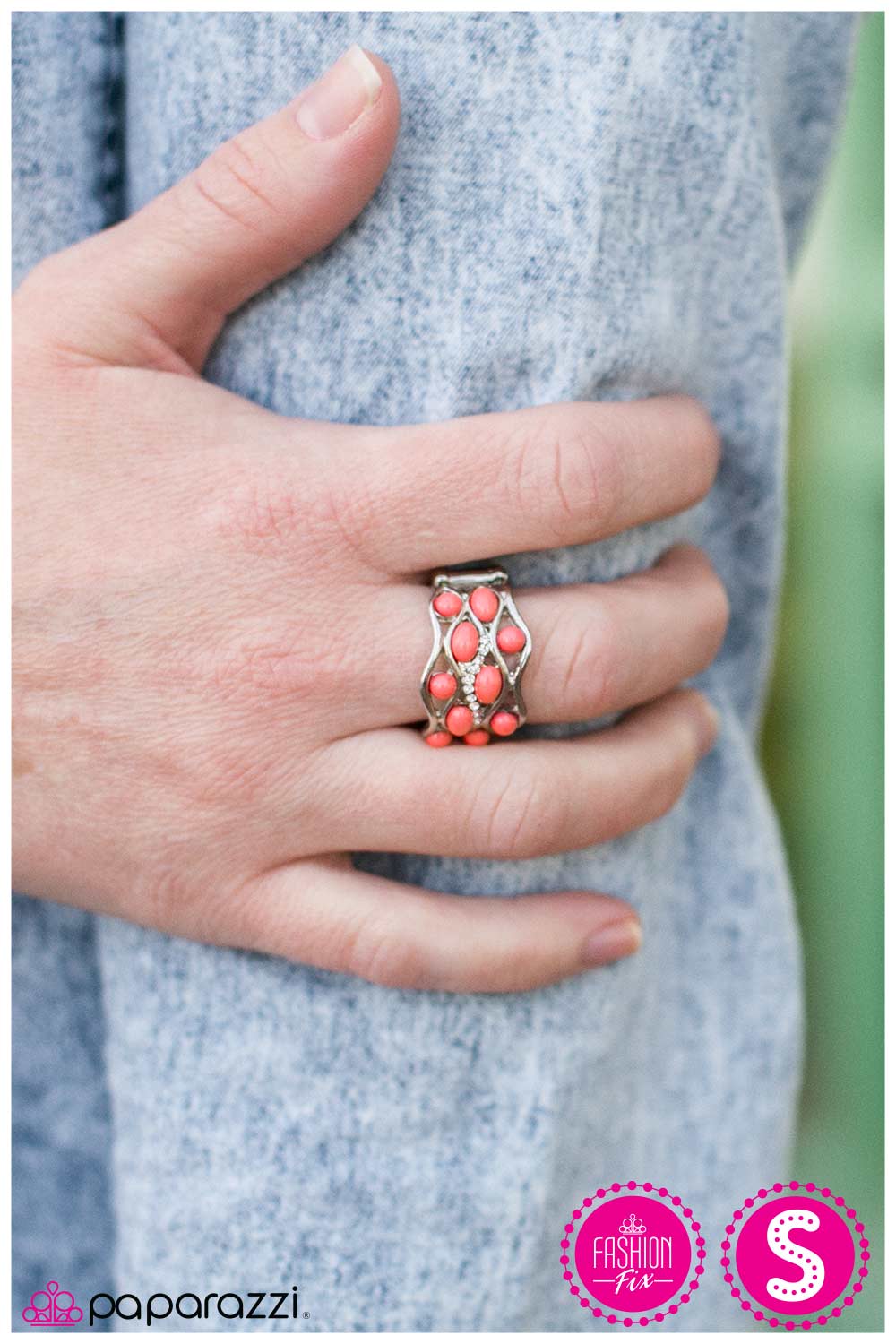 Places Please Wavy Silver and Coral Bead Ring - Paparazzi Accessories- lightbox - CarasShop.com - Paparazzi Jewelry by Cara Jewels