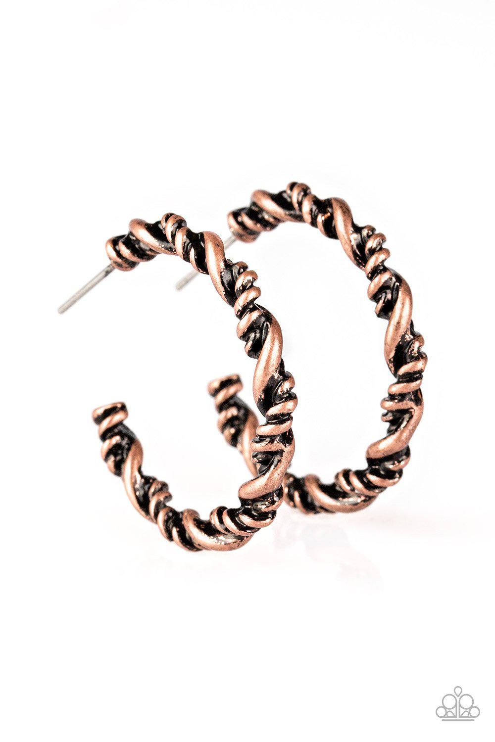 Plainly Panama Copper Hoop Earrings - Paparazzi Accessories- on model - CarasShop.com - Paparazzi Jewelry by Cara Jewels