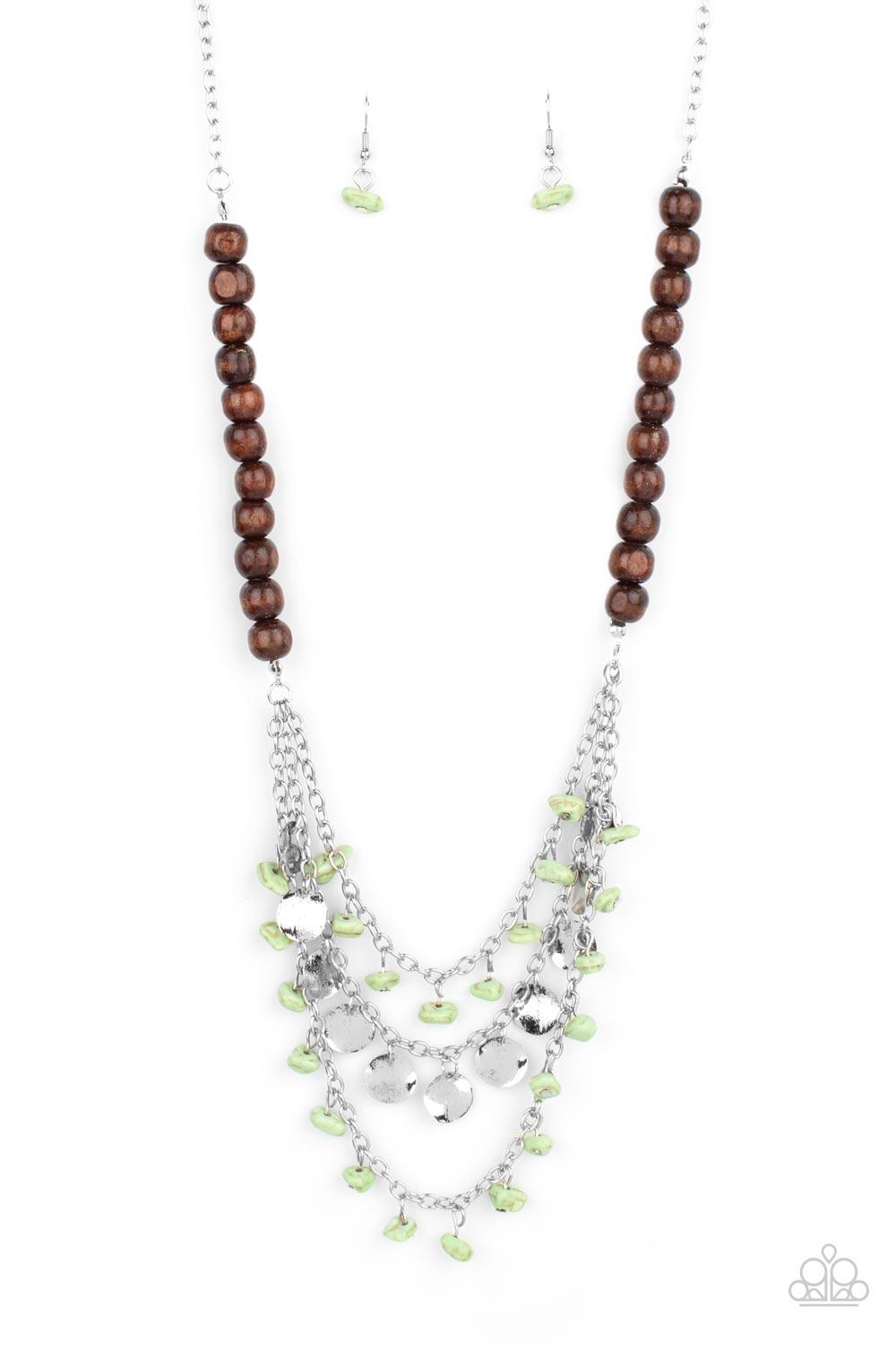 Plains Paradise Green Stone and Brown Wood Necklace - Paparazzi Accessories- lightbox - CarasShop.com - Paparazzi Jewelry by Cara Jewels