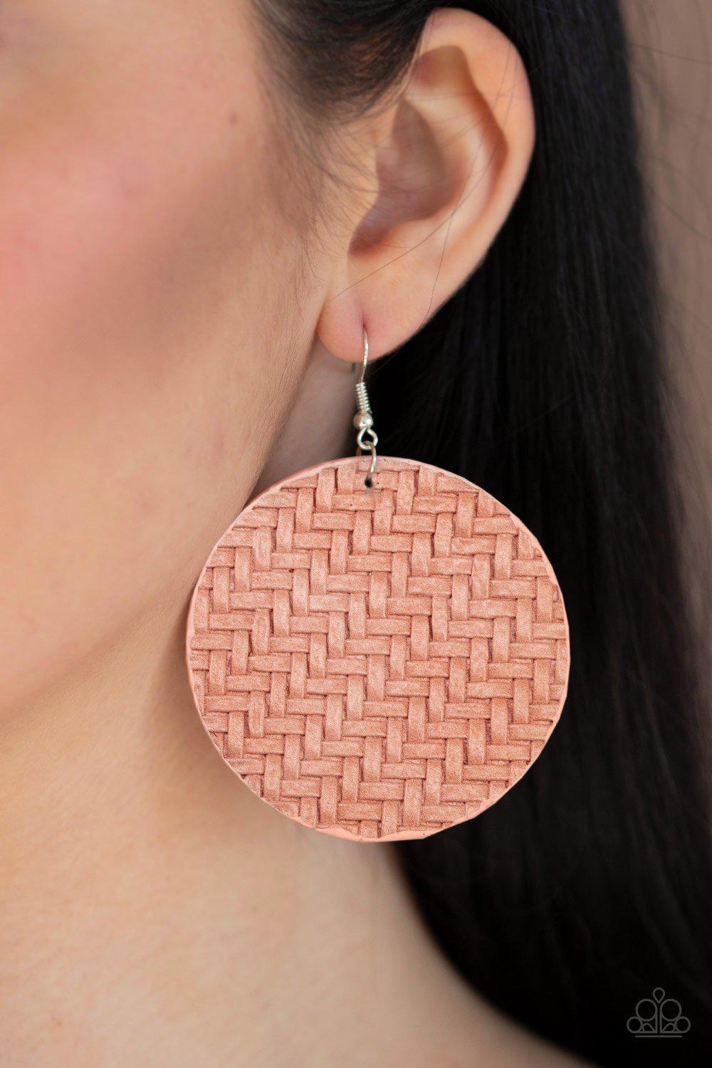 Plaited Plains Pink Weave Earrings - Paparazzi Accessories- lightbox - CarasShop.com - Paparazzi Jewelry by Cara Jewels