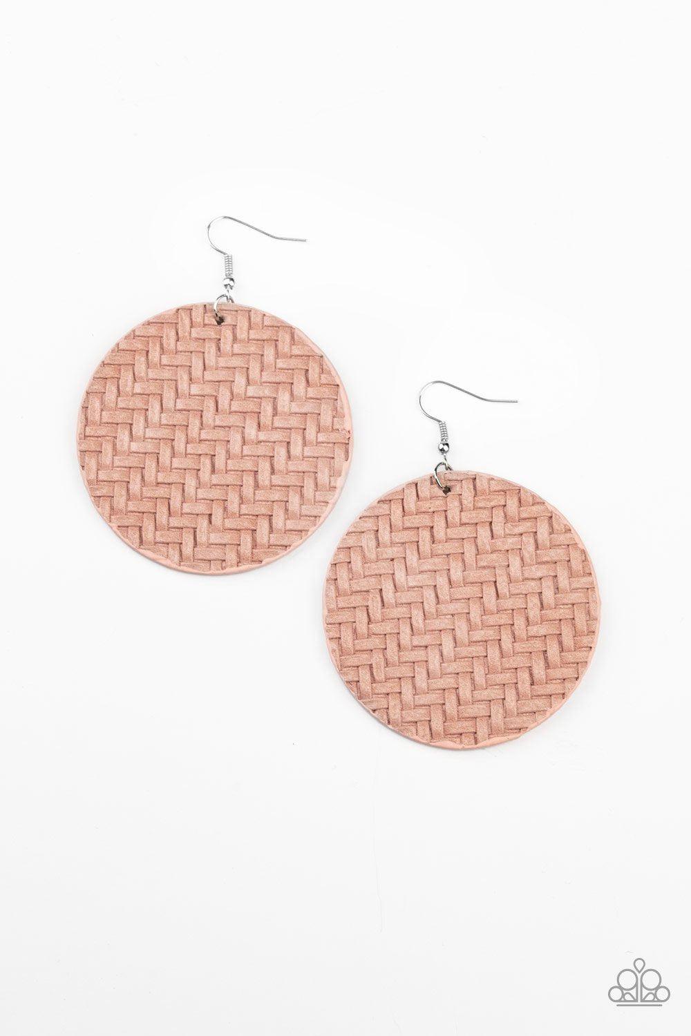 Plaited Plains Pink Weave Earrings - Paparazzi Accessories- on model - CarasShop.com - Paparazzi Jewelry by Cara Jewels