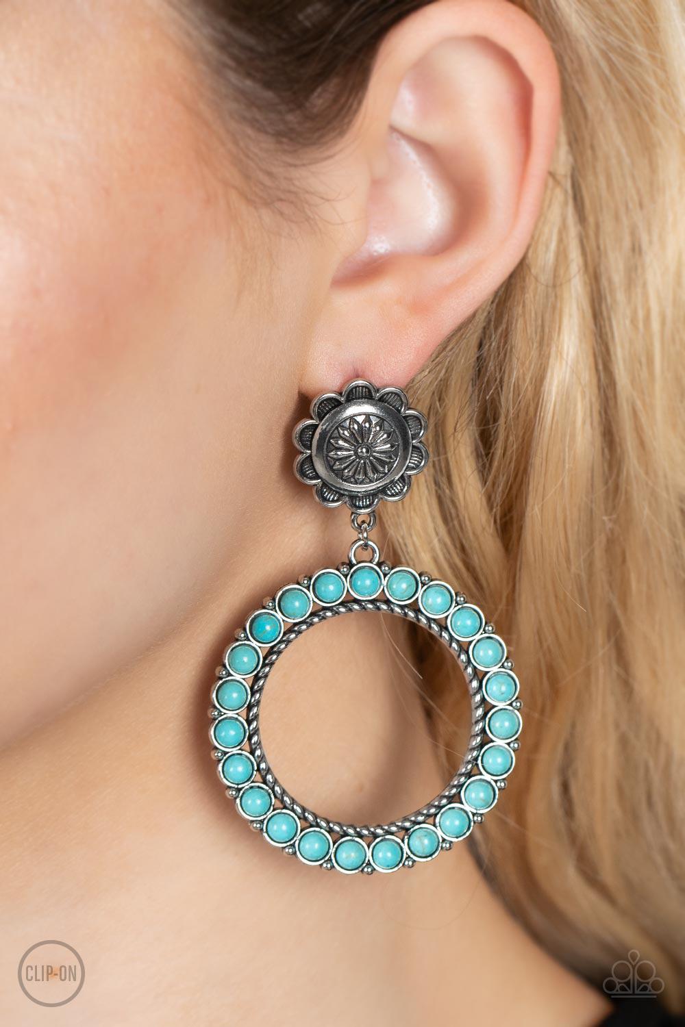 Playfully Prairie Turquoise Blue Stone Clip-On Earrings - Paparazzi Accessories- on model - CarasShop.com - Paparazzi Jewelry by Cara Jewels