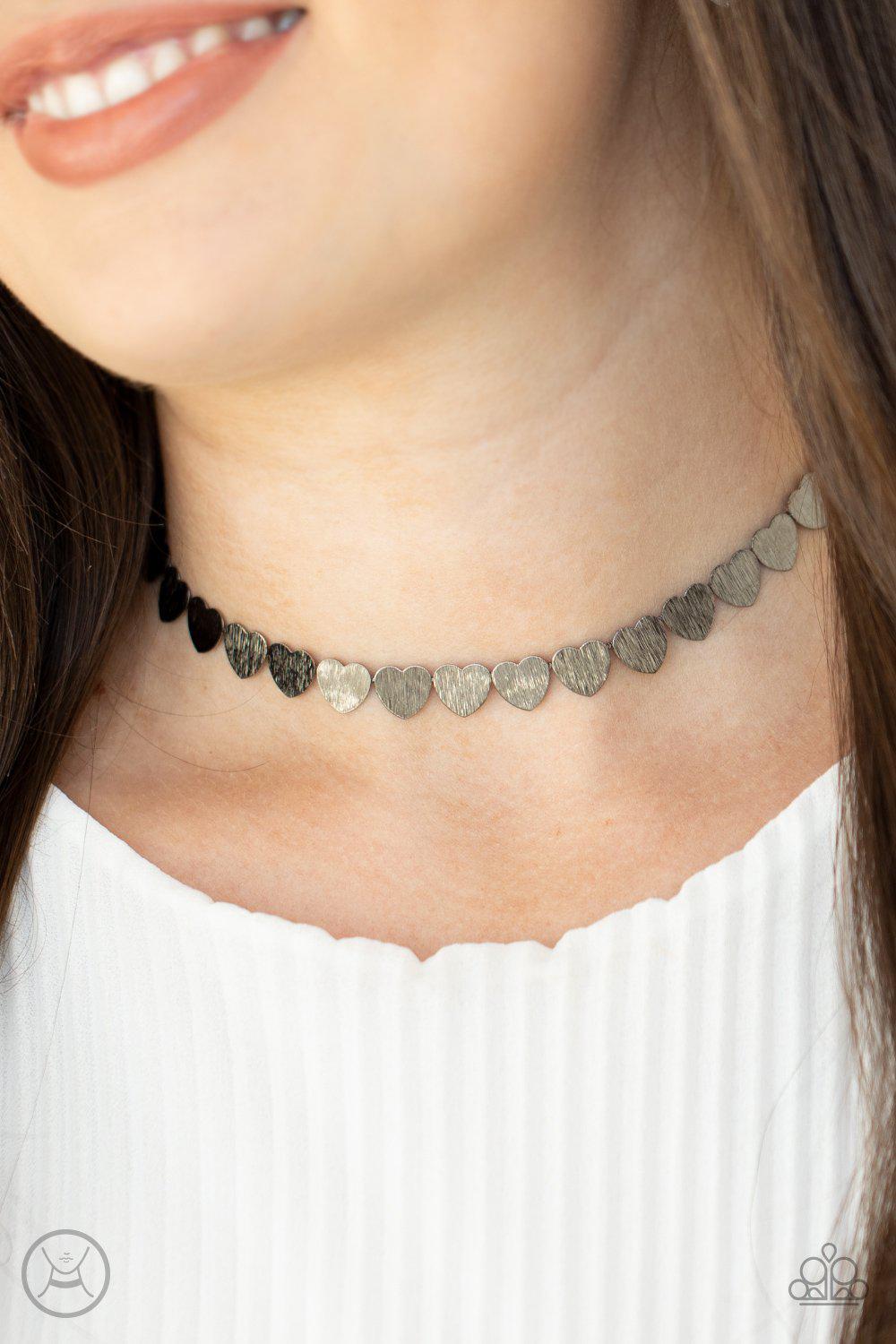 Playing HEART To Get Gunmetal Black Heart Choker Necklace - Paparazzi Accessories- lightbox - CarasShop.com - Paparazzi Jewelry by Cara Jewels
