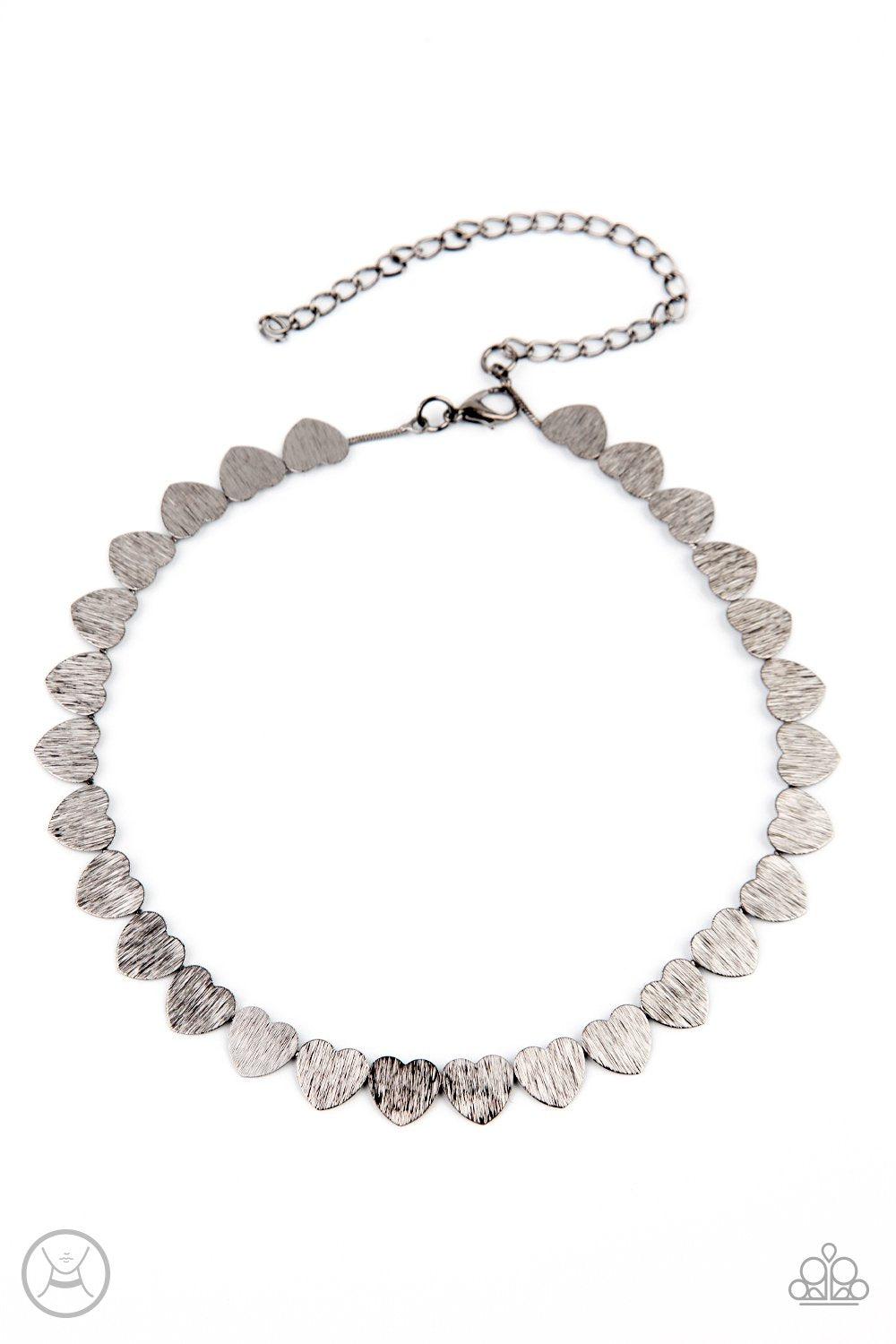 Playing HEART To Get Gunmetal Black Heart Choker Necklace - Paparazzi Accessories- on model - CarasShop.com - Paparazzi Jewelry by Cara Jewels